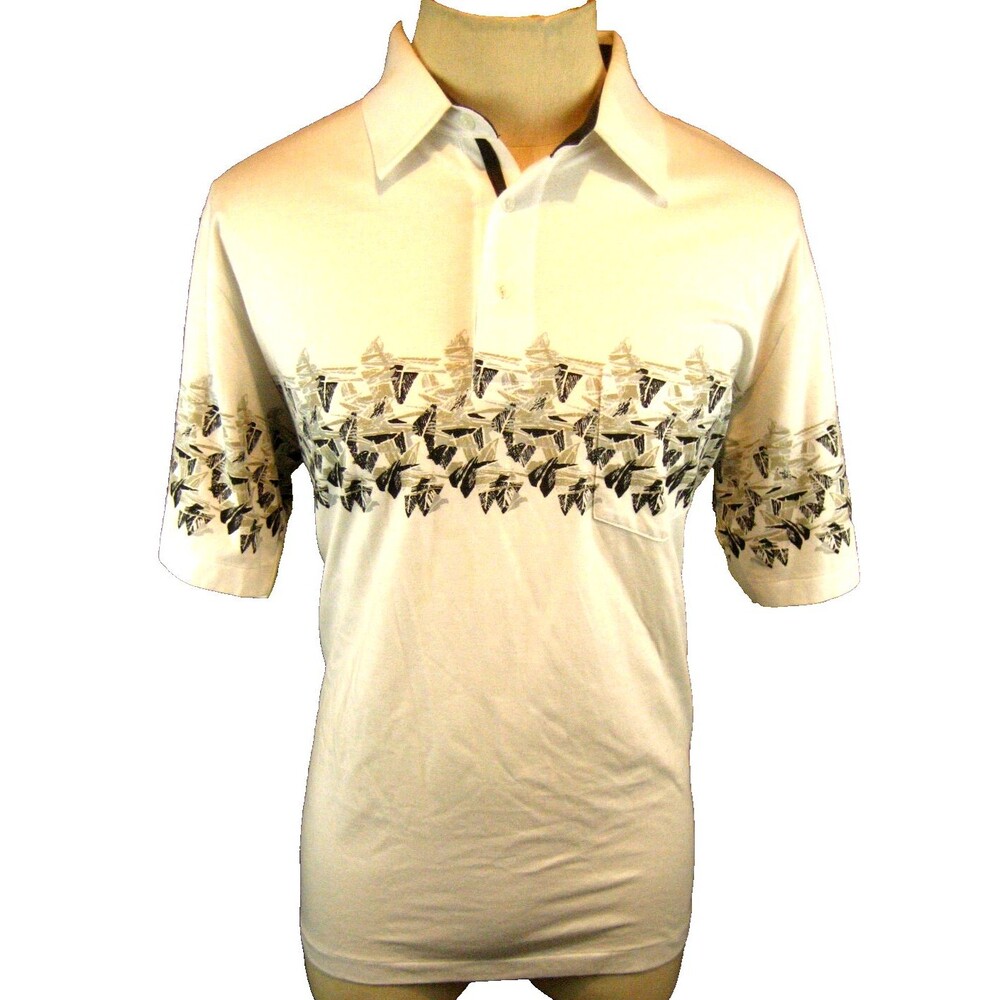 Mens Classics by Palmland White Cotton SS Golf Shirt w Pocket & Graphics sz Lg